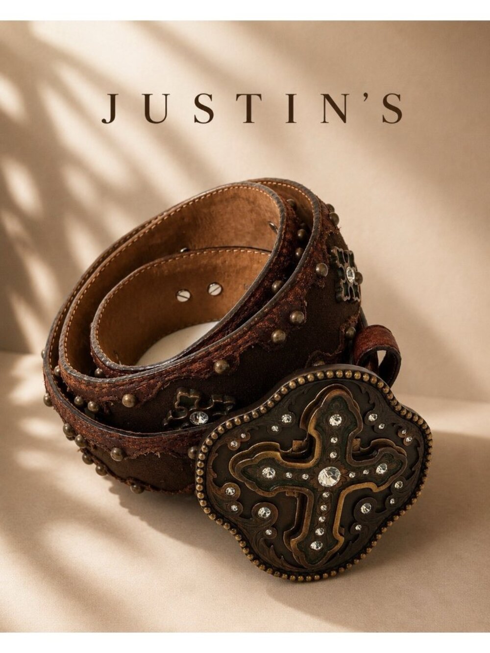 Justin Boots Brown Leather Studded Belt Rhinestone Cross Buckle Western Size 36